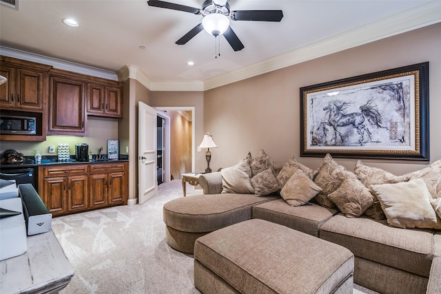 living room featuring crown molding, recessed lighting, ceiling fan, and light colored carpet