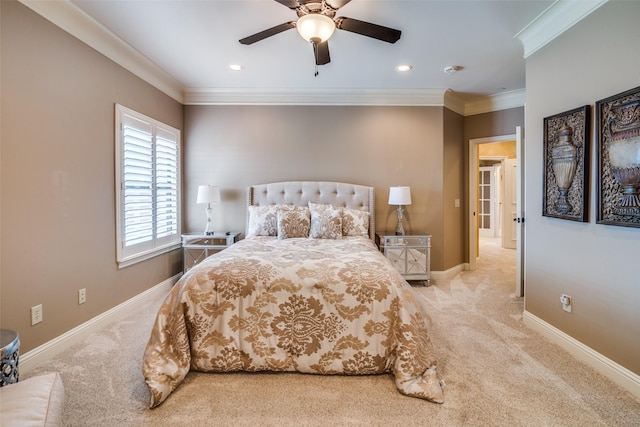 carpeted bedroom featuring baseboards, ornamental molding, a ceiling fan, and recessed lighting