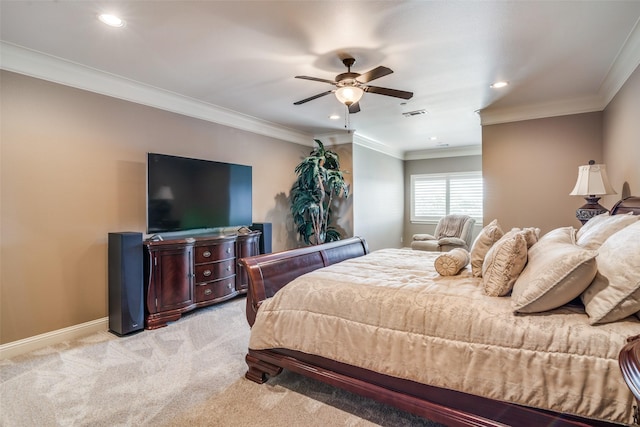 bedroom with ornamental molding, recessed lighting, and light colored carpet