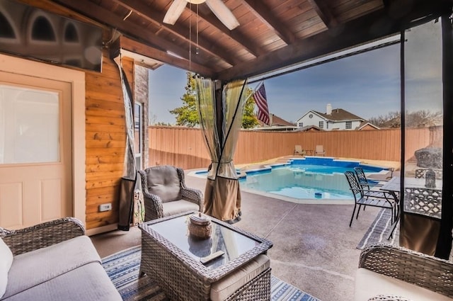 view of pool with a patio area, an outdoor living space, a fenced in pool, ceiling fan, and a fenced backyard