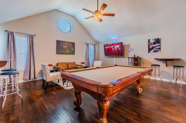 game room with ceiling fan, hardwood / wood-style floors, baseboards, and pool table
