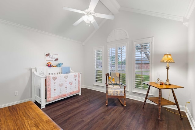 bedroom featuring wood finished floors, lofted ceiling with beams, ornamental molding, and baseboards