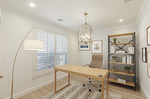 office space featuring a notable chandelier, light wood-type flooring, visible vents, baseboards, and ornamental molding