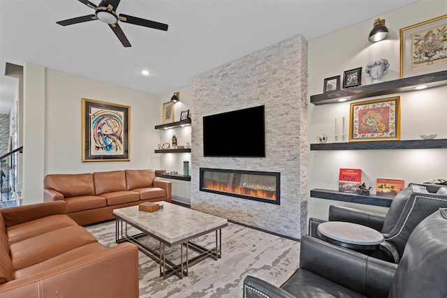 4801 Park View Pl, Arlington, TX 76005 - living room featuring a ceiling fan, a stone fireplace, and built in shelves