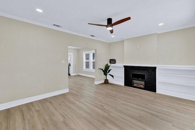1301 N Sylvania Ave, Fort Worth, TX 76111 - unfurnished living room with light wood-style flooring, visible vents, baseboards, a fireplace, and a ceiling fan