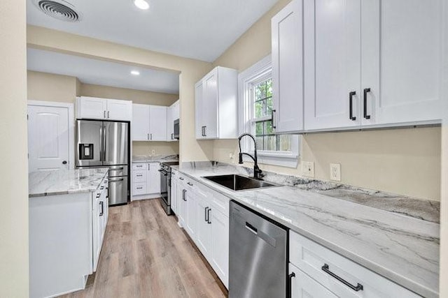 1301 N Sylvania Ave, Fort Worth, TX 76111 - kitchen with appliances with stainless steel finishes, white cabinetry, visible vents, and a sink