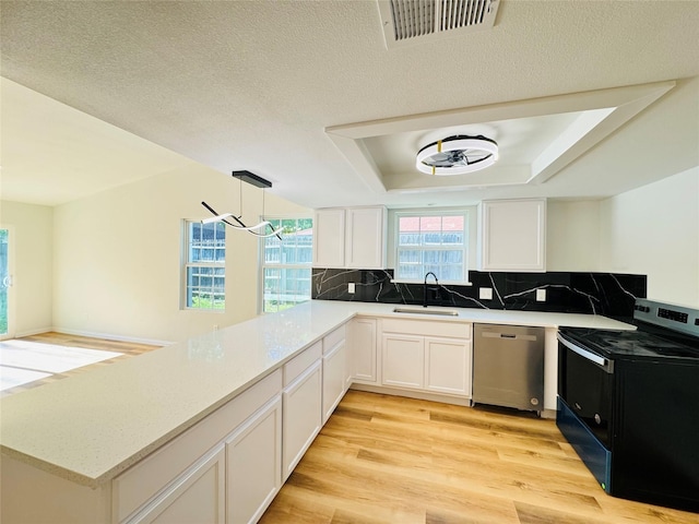 409 Bodart Ln, Fort Worth, TX 76108 - kitchen with stainless steel dishwasher, black electric range, a sink, a peninsula, and light wood-type flooring