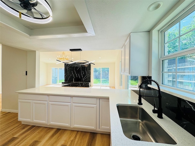 409 Bodart Ln, Fort Worth, TX 76108 - kitchen featuring a sink, plenty of natural light, light wood-type flooring, and white cabinets