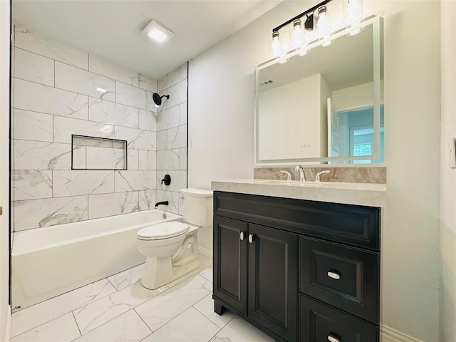 full bath with visible vents, toilet, bathing tub / shower combination, vanity, and marble finish floor