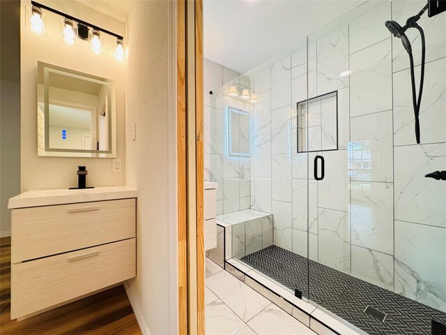 409 Bodart Ln, Fort Worth, TX 76108 - bathroom with vanity, a marble finish shower, and marble look tile flooring