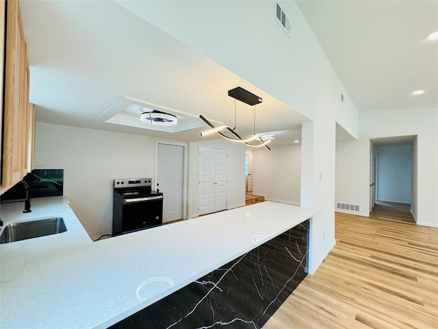 kitchen with visible vents, wood finished floors, electric range, and a sink