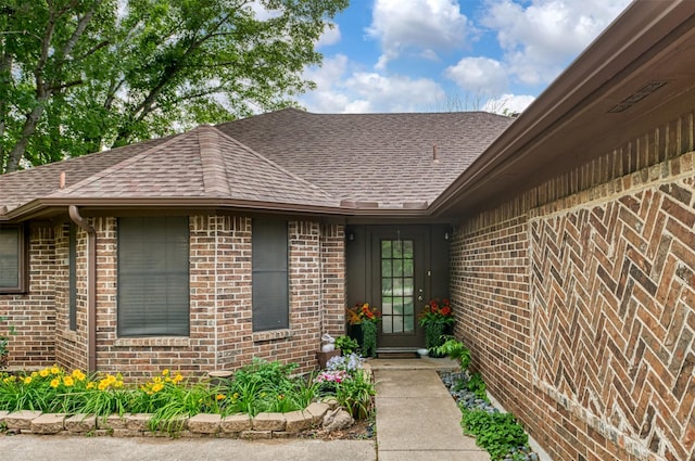 entrance to property with brick siding and a shingled roof