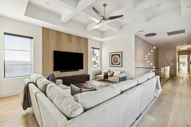 living room featuring light wood finished floors, visible vents, coffered ceiling, and baseboards