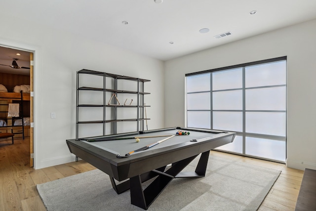 game room with visible vents, baseboards, light wood-style flooring, and pool table