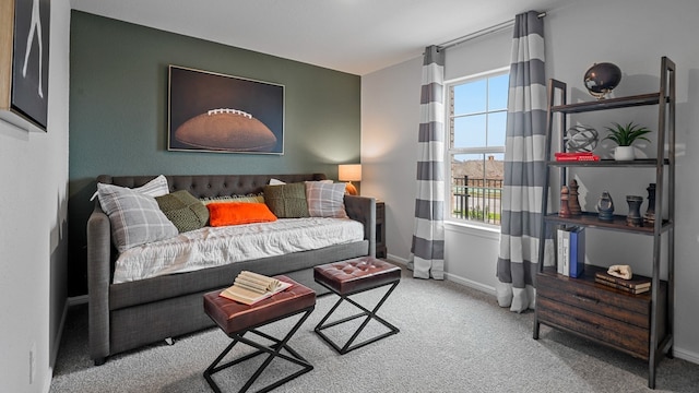 sitting room featuring carpet and baseboards