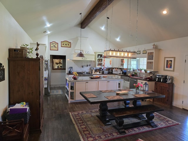 dining space featuring beam ceiling, baseboards, high vaulted ceiling, dark wood-type flooring, and recessed lighting