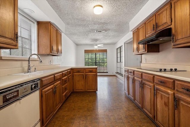 kitchen with a sink, white dishwasher, under cabinet range hood, a peninsula, and brown cabinetry
