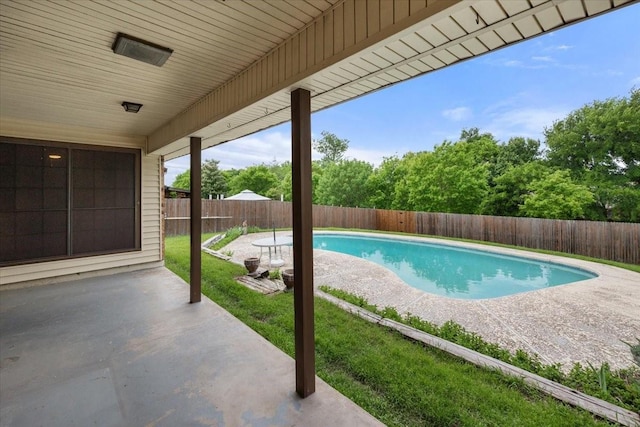 view of pool featuring a fenced backyard, a fenced in pool, and a patio area
