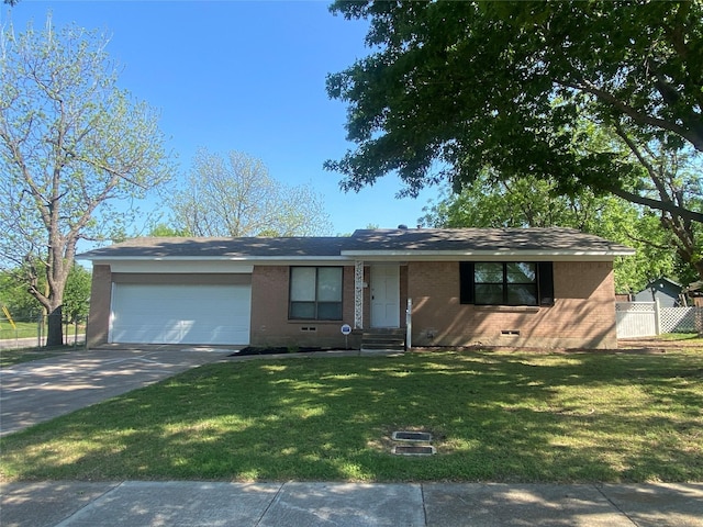 single story home featuring a garage, brick siding, a front lawn, and concrete driveway