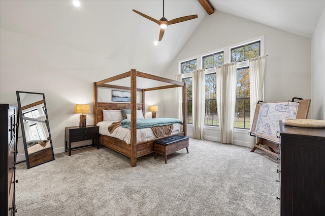 502 Vz County Road 1915, Fruitvale, TX 75127 - carpeted bedroom with beamed ceiling, high vaulted ceiling, ceiling fan, and baseboards