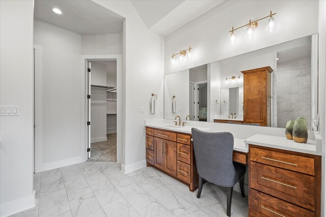502 Vz County Road 1915, Fruitvale, TX 75127 - full bathroom featuring a walk in closet, baseboards, vanity, and marble finish floor