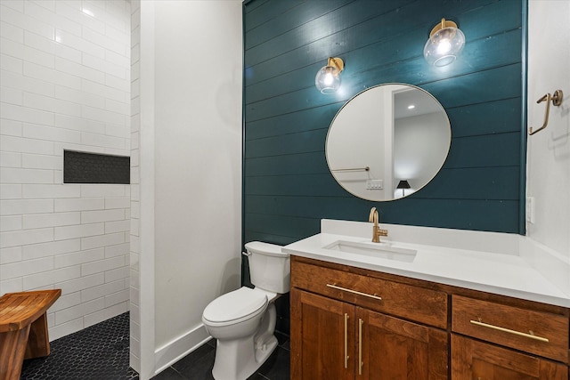 502 Vz County Road 1915, Fruitvale, TX 75127 - full bath with vanity, a walk in shower, toilet, wood walls, and tile patterned flooring