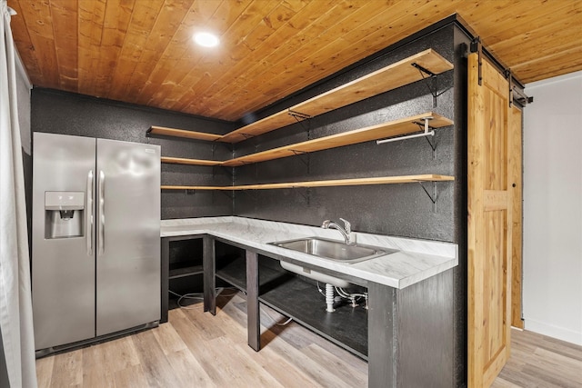 502 Vz County Road 1915, Fruitvale, TX 75127 - kitchen with light countertops, wood ceiling, open shelves, and stainless steel fridge with ice dispenser