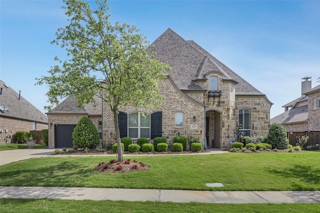 3429 Lochside, The Colony, TX 75056 - french provincial home with stone siding, a front lawn, and a garage