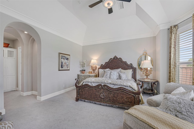 3429 Lochside, The Colony, TX 75056 - bedroom with crown molding, ceiling fan, carpet floors, baseboards, and arched walkways
