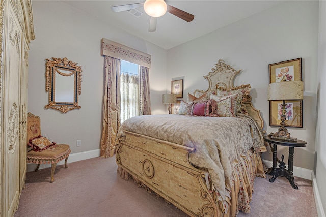 3429 Lochside, The Colony, TX 75056 - bedroom with baseboards, visible vents, a ceiling fan, and light carpet