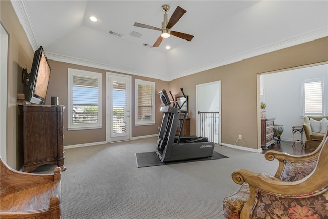3429 Lochside, The Colony, TX 75056 - exercise area featuring lofted ceiling, a wealth of natural light, visible vents, and a ceiling fan