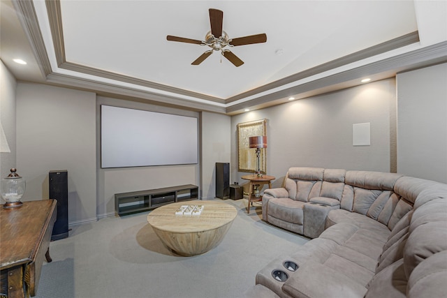 3429 Lochside, The Colony, TX 75056 - carpeted cinema room featuring recessed lighting, a tray ceiling, crown molding, a ceiling fan, and vaulted ceiling