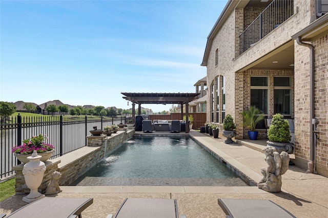 3429 Lochside, The Colony, TX 75056 - view of swimming pool featuring an outdoor living space, a fenced backyard, a fenced in pool, a patio, and a pergola