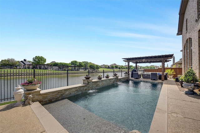 3429 Lochside, The Colony, TX 75056 - view of pool with a fenced backyard, a water view, a fenced in pool, outdoor lounge area, and a pergola