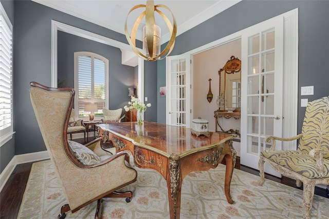 3429 Lochside, The Colony, TX 75056 - office featuring wood finished floors, french doors, crown molding, and baseboards