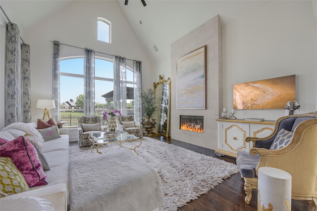 3429 Lochside, The Colony, TX 75056 - interior space with a large fireplace, high vaulted ceiling, and wood finished floors