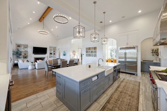 3110 High Rd, Flower Mound, TX 75022 - kitchen featuring built in refrigerator, a sink, gray cabinets, high vaulted ceiling, and beam ceiling