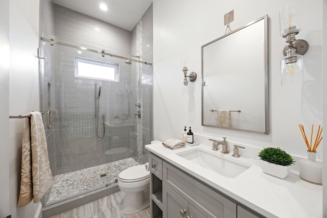 3110 High Rd, Flower Mound, TX 75022 - bathroom featuring a shower stall, toilet, vanity, and recessed lighting