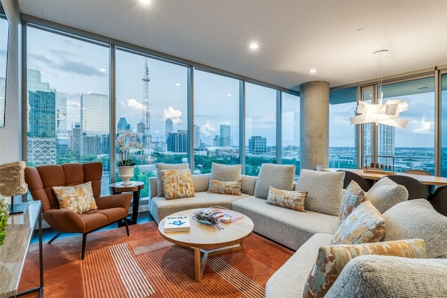 3130 N Harwood St Unit 901, Dallas, TX 75201 - living area featuring a wall of windows, a view of city, and recessed lighting