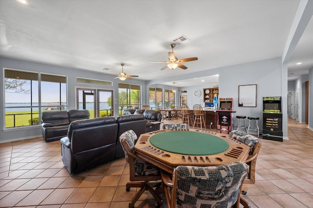 411 Pecan Point Dr, Kerens, TX 75144 - rec room featuring visible vents, baseboards, recessed lighting, a ceiling fan, and light tile patterned floors