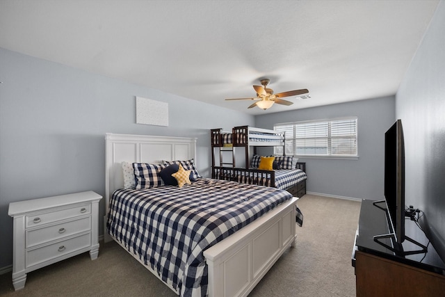 411 Pecan Point Dr, Kerens, TX 75144 - bedroom featuring ceiling fan, visible vents, baseboards, and dark colored carpet