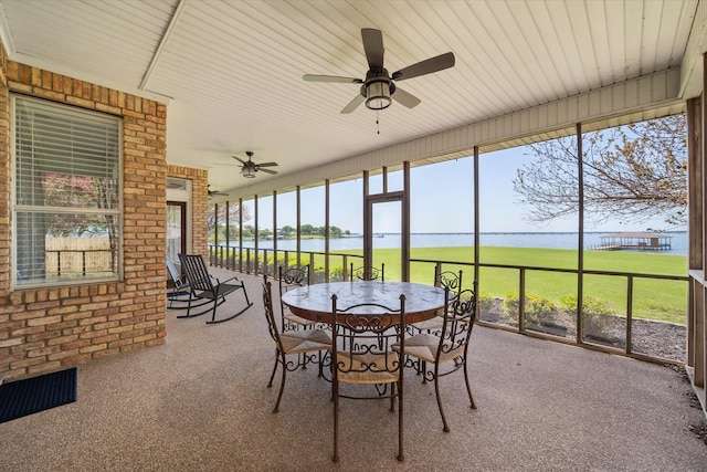 411 Pecan Point Dr, Kerens, TX 75144 - sunroom featuring a water view, ceiling fan, and a wealth of natural light