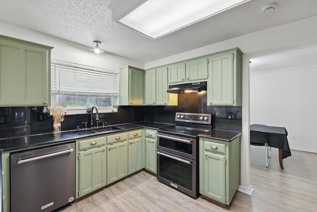 10313 Gray Oak Ln, Fort Worth, TX 76108 - kitchen featuring a sink, green cabinetry, stainless steel appliances, and under cabinet range hood