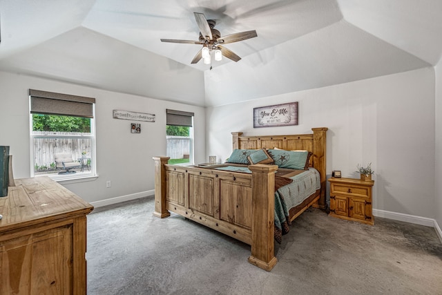 bedroom featuring lofted ceiling, a ceiling fan, light colored carpet, and baseboards