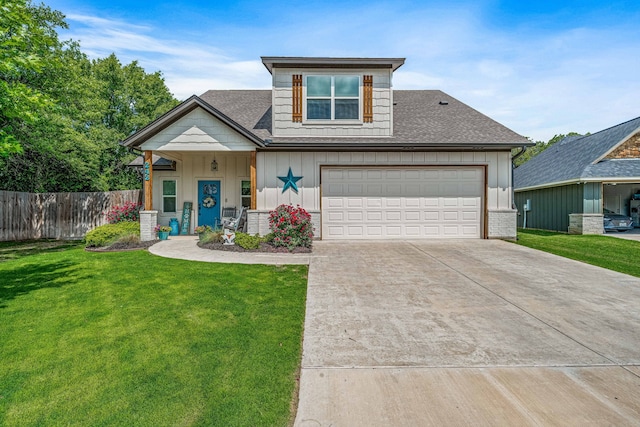 view of front facade featuring fence, concrete driveway, a front yard, and board and batten siding