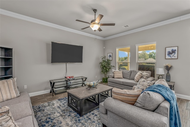 3843 Joseph Randall Dr, Shreveport, LA 71107 - living room with crown molding, visible vents, ceiling fan, and baseboards