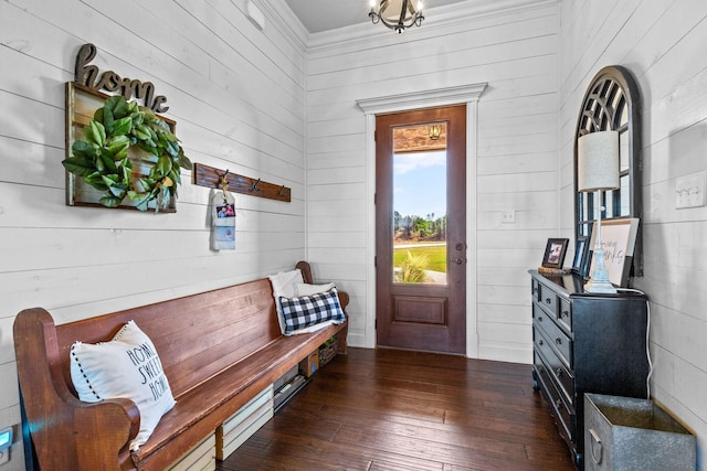 150 Cherokee Hills Ln, Abilene, TX 79606 - mudroom with wooden walls, ornamental molding, and dark wood-style floors