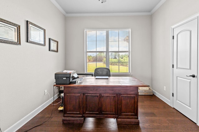 150 Cherokee Hills Ln, Abilene, TX 79606 - office featuring ornamental molding, dark wood-style floors, and baseboards