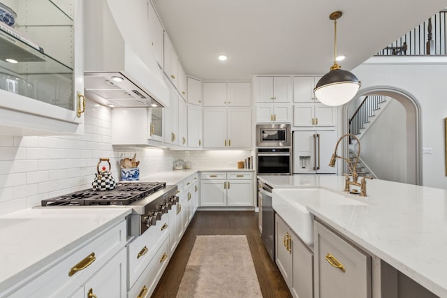 14000 Walsh Ave, Fort Worth, TX 76008 - kitchen featuring built in appliances, dark wood-type flooring, a sink, custom range hood, and white cabinets