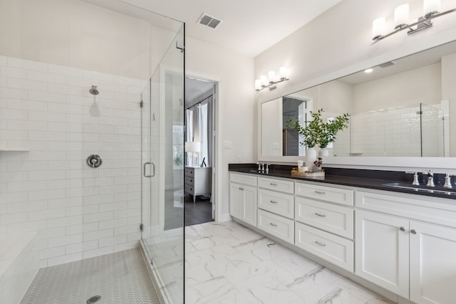 14000 Walsh Ave, Fort Worth, TX 76008 - bathroom with a stall shower, double vanity, and marble look tile flooring